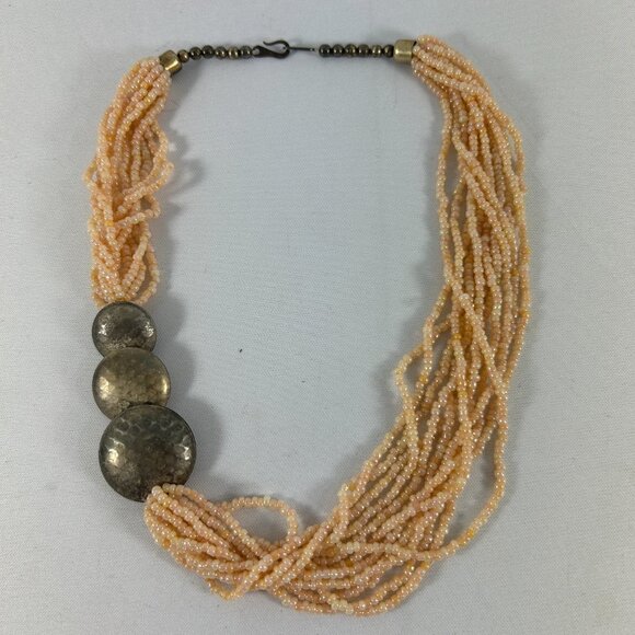 Pale Pink Seed Bead Necklace Multi Strand Silver Tone Beads Iridescent 20" Long - Picture 2 of 10